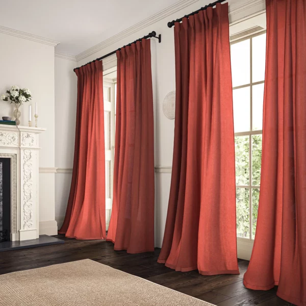 Marietta Fabric - Coral by red plain linen curtains