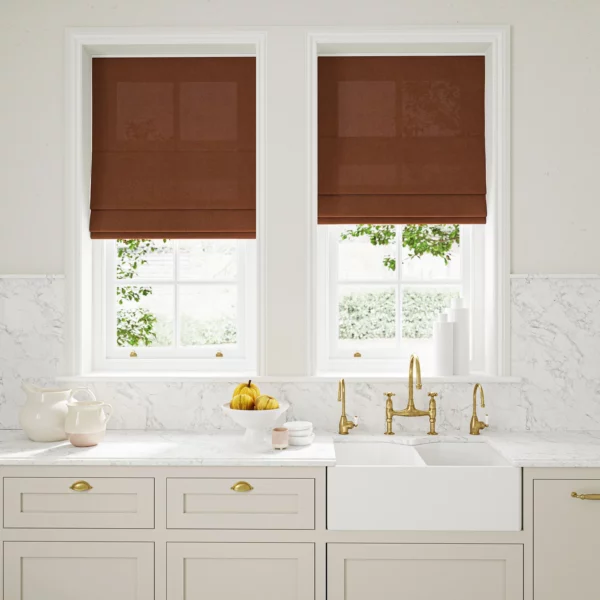 Marietta Fabric - Red Earth by dark red plain linen blinds