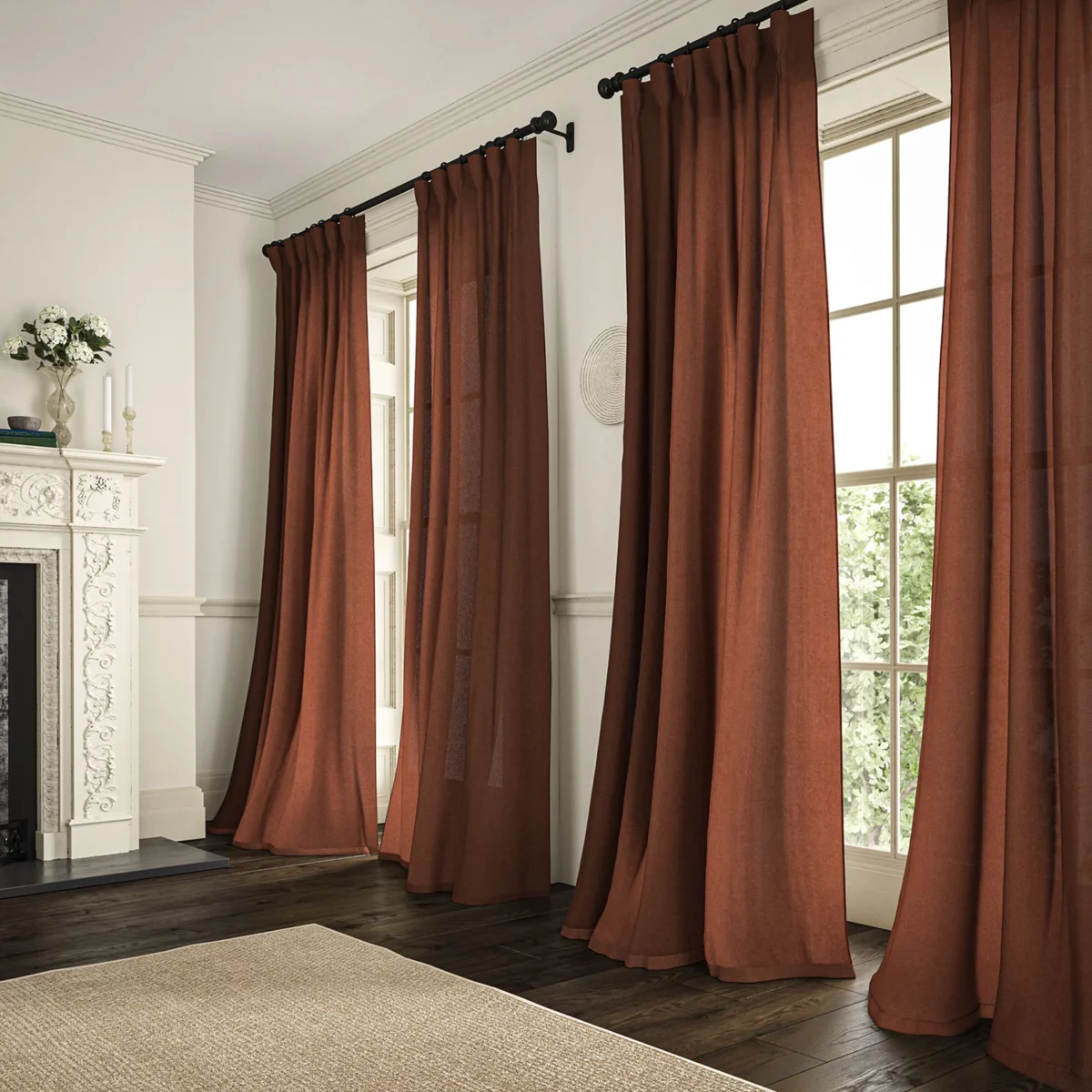 Marietta Fabric - Red Earth by dark red plain linen curtains