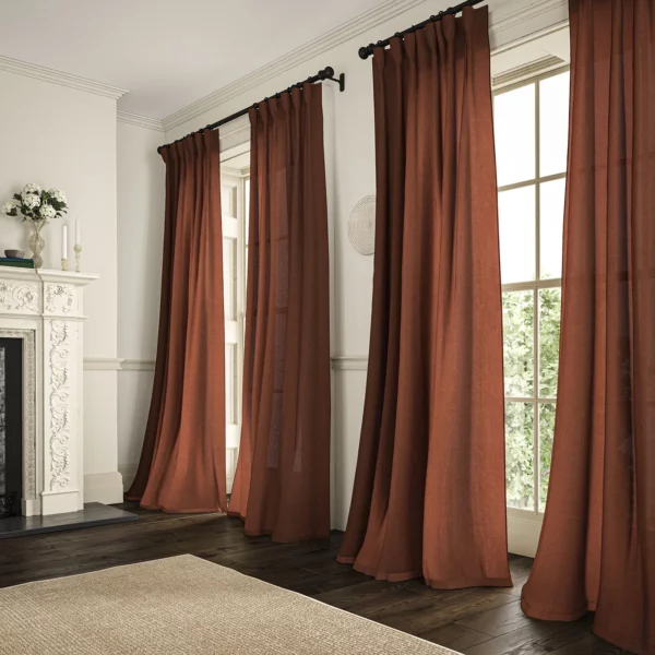 Marietta Fabric - Red Earth by dark red plain linen curtains