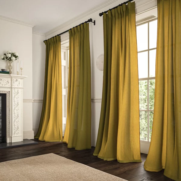 Marietta Fabric - Ochre by dark yellow plain linen curtains