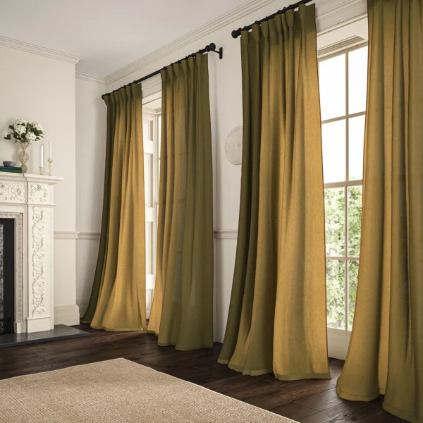 Marietta Fabric - Bronze by dark yellow plain linen curtains