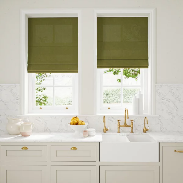 Marietta Fabric - Olive by dark green plain linen blinds