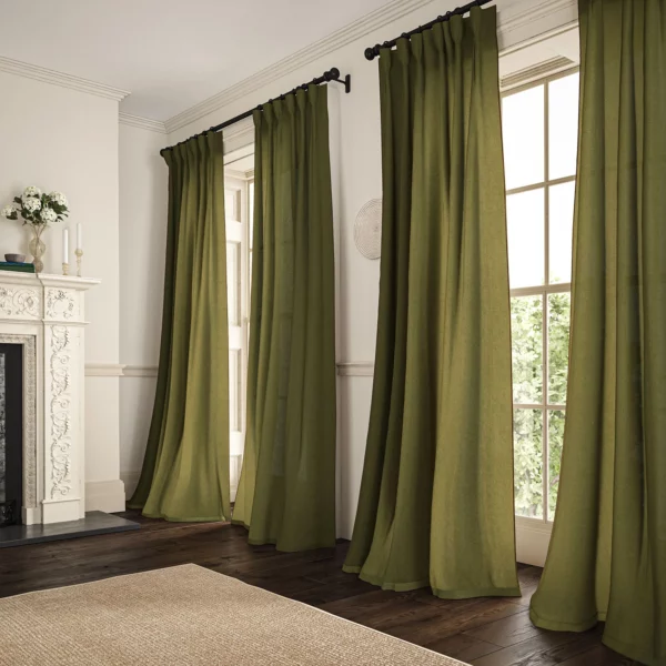 Marietta Fabric - Olive by dark green plain linen curtains