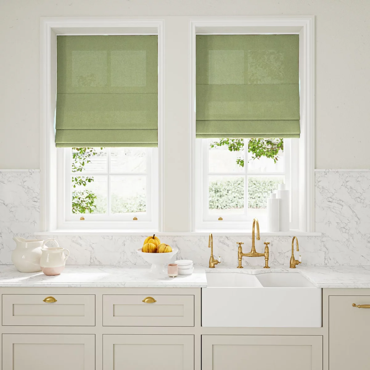 Marietta Fabric - Wheatgrass by light green plain linen blinds