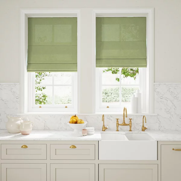 Marietta Fabric - Wheatgrass by light green plain linen blinds