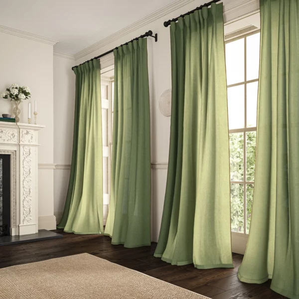 Marietta Fabric - Wheatgrass by light green plain linen curtains