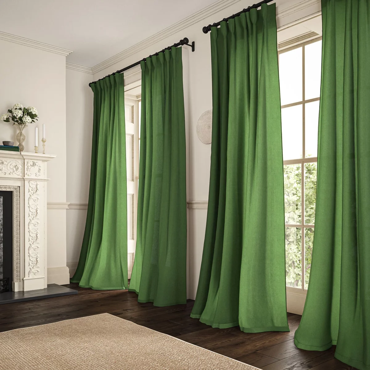 Marietta Fabric - Garden by green plain linen curtains