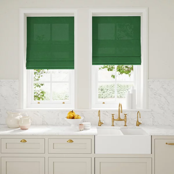 Marietta Fabric - Billiards by green plain linen blinds