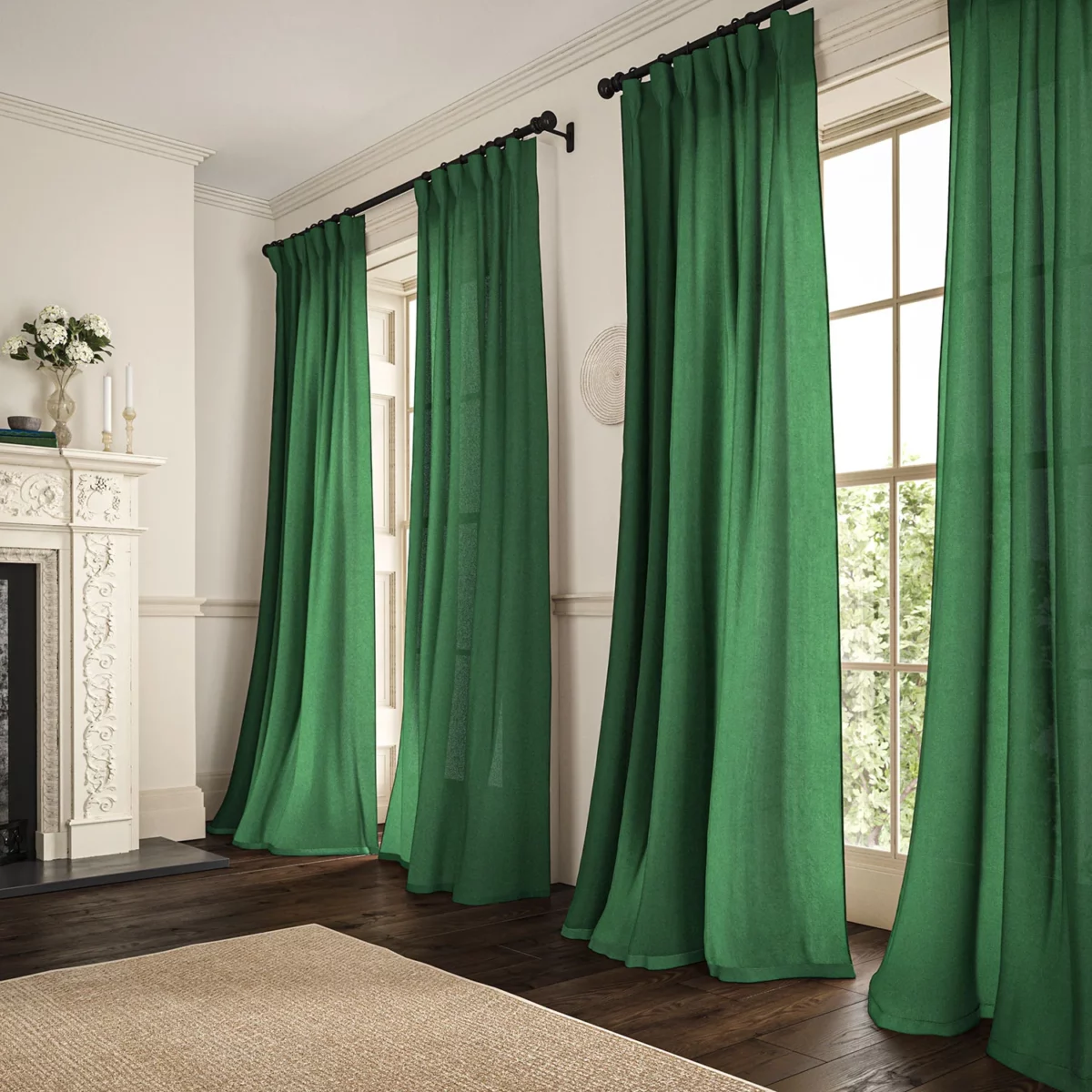 green plain linen curtains