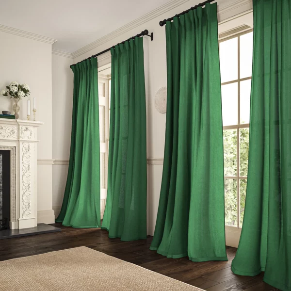 Marietta Fabric - Billiards by green plain linen curtains