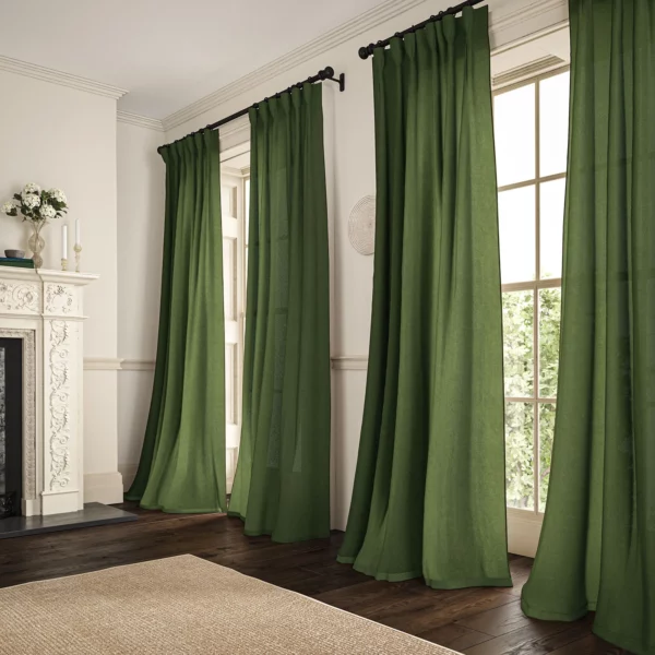 Marietta Fabric - Seaweed by green plain linen curtains