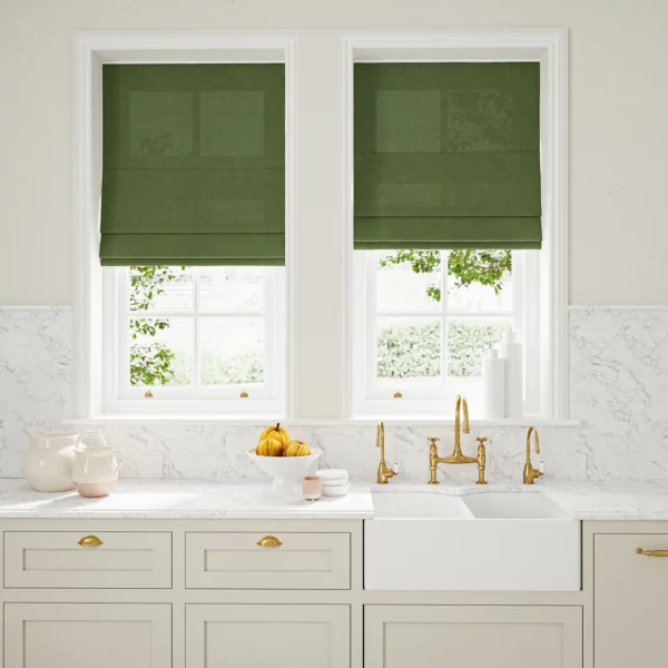 Marietta Fabric - Pine by dark green plain linen blinds