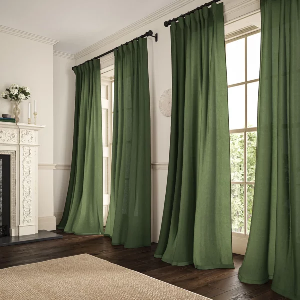 Marietta Fabric - Pine by dark green plain linen curtains