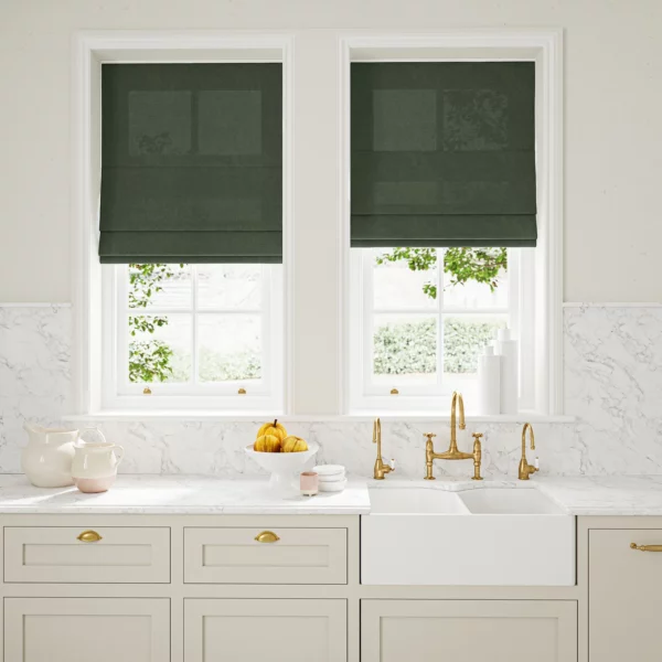 Marietta Fabric - Forest by dark green plain linen blinds