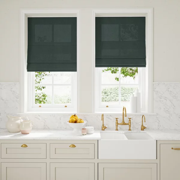 Marietta Fabric - Canopy by dark green plain linen blinds