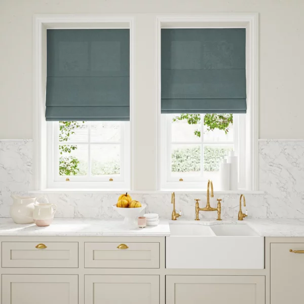 Marietta Fabric - River by blue plain linen blinds