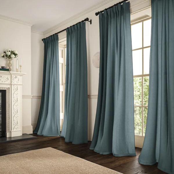 Marietta Fabric - River by blue plain linen curtains
