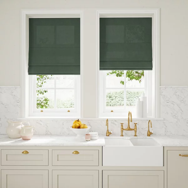 Marietta Fabric - Mineral by dark green plain linen blinds
