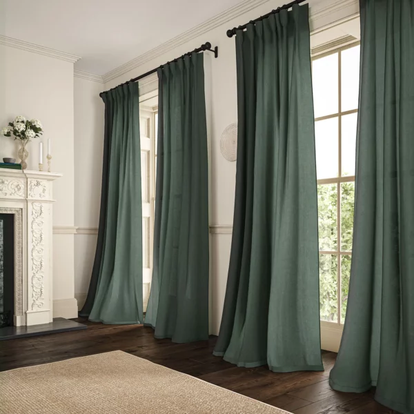 Marietta Fabric - Mineral by dark green plain linen curtains