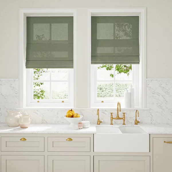 Marietta Fabric - Eucalyptus by green plain linen blinds