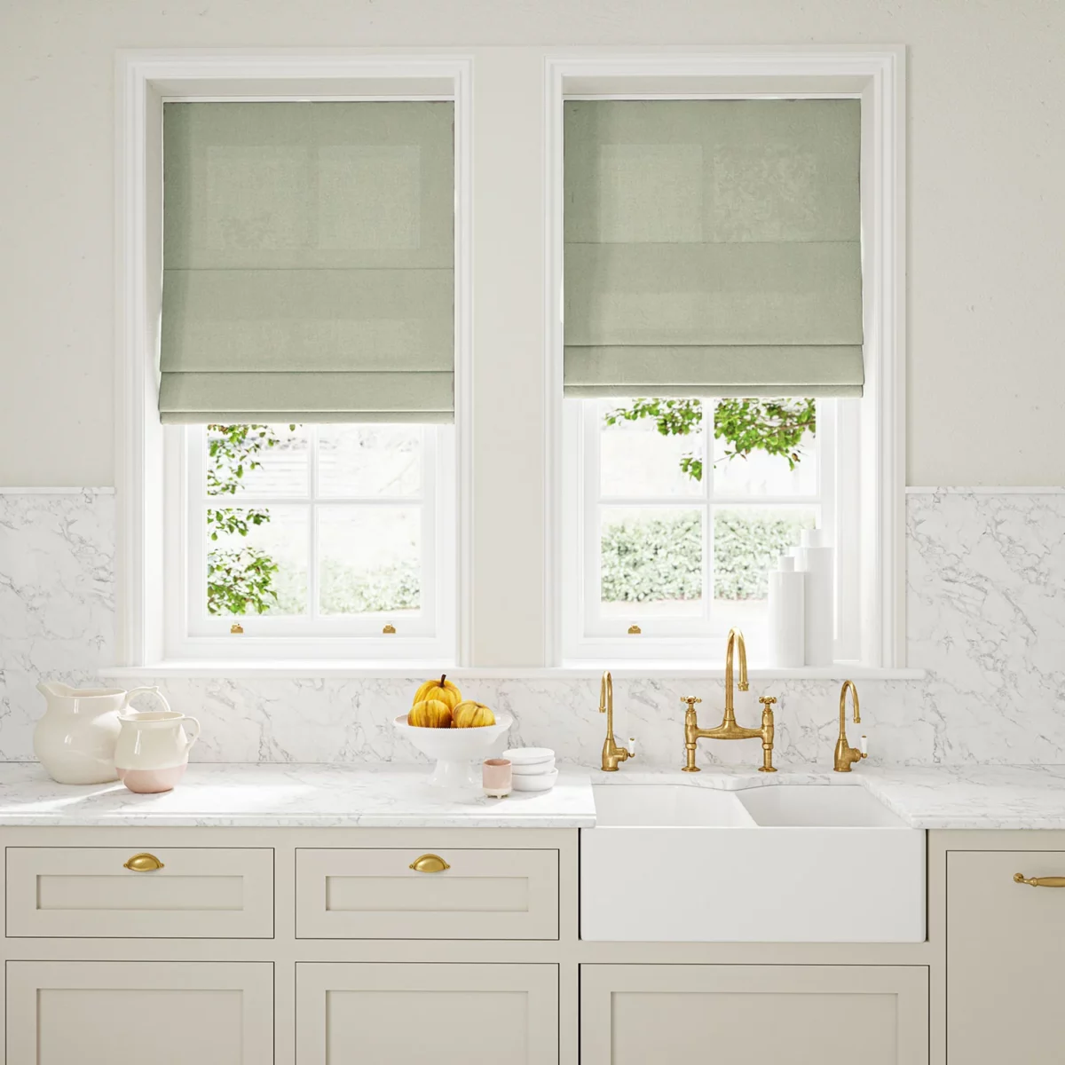 Marietta Fabric - Glacier by light grey plain linen blinds
