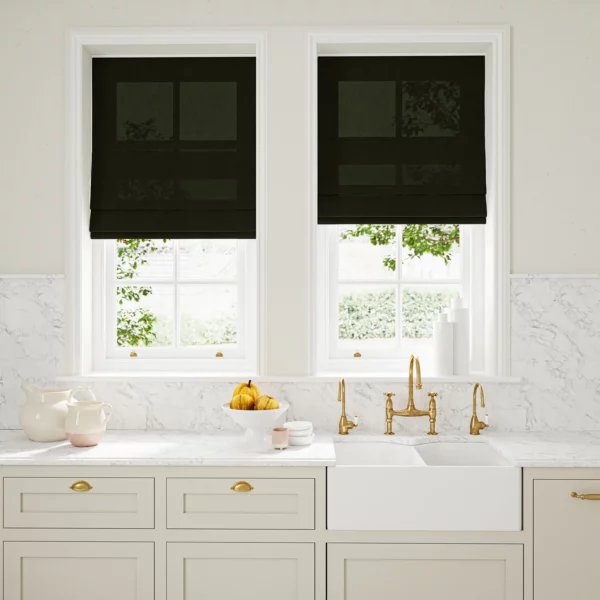 Marietta Fabric - Night by black plain linen blinds