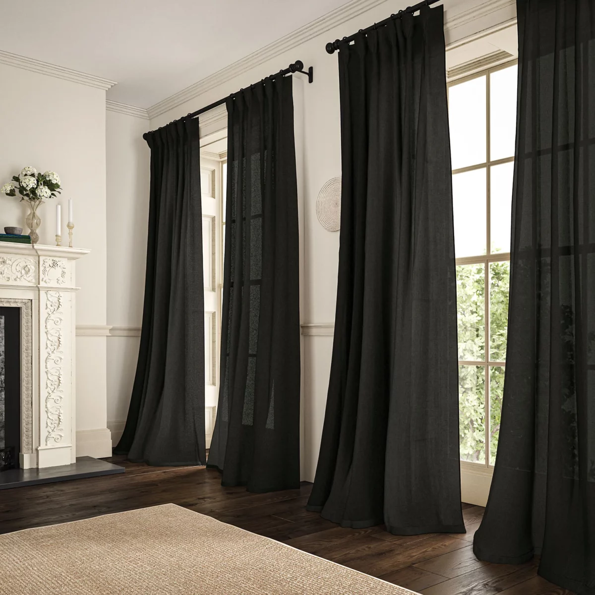 black plain linen curtains