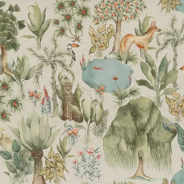 Jungle Serene Fabric - Green by green animal cotton fabric from Voyage Maison