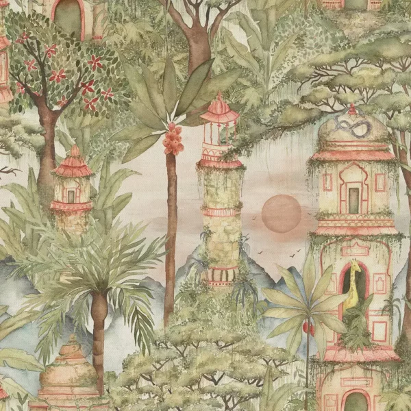 Eden Ruins Fabric - Green by green botanical cotton fabric from Voyage Maison