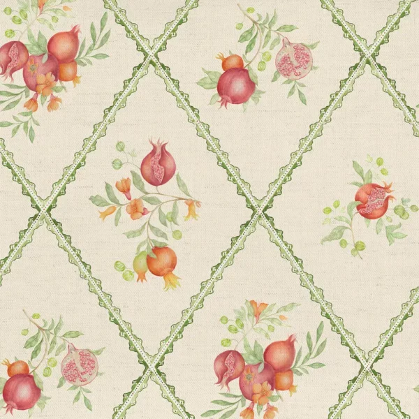 Pomegranate Trellis Fabric - Cream by orange botanical cotton fabric from Voyage Maison