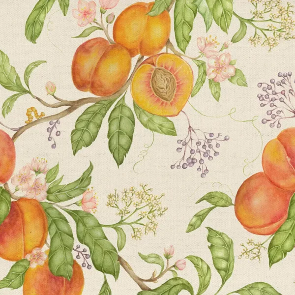 Peach Harvest Fabric - Cream by orange botanical cotton fabric from Voyage Maison