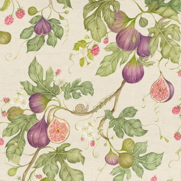 Fig Gardens Fabric - Cream by green botanical cotton fabric from Voyage Maison