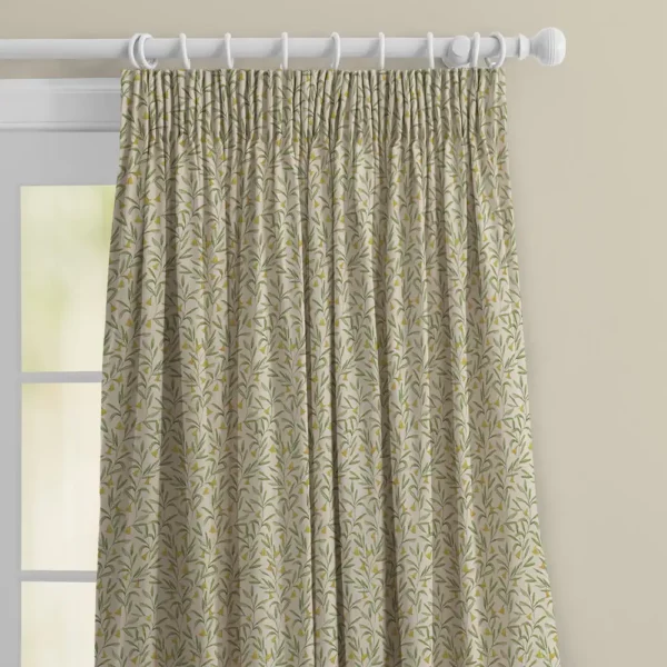 Bell Meadow Fabric - Honey by top half of sage green floral curtains with pencil pleat heading. On a white wooden pole