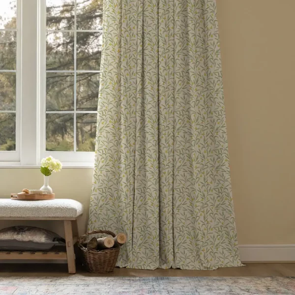 Bell Meadow Fabric - Honey by bottom half of sage green floral curtains with a footstool and wooden basket