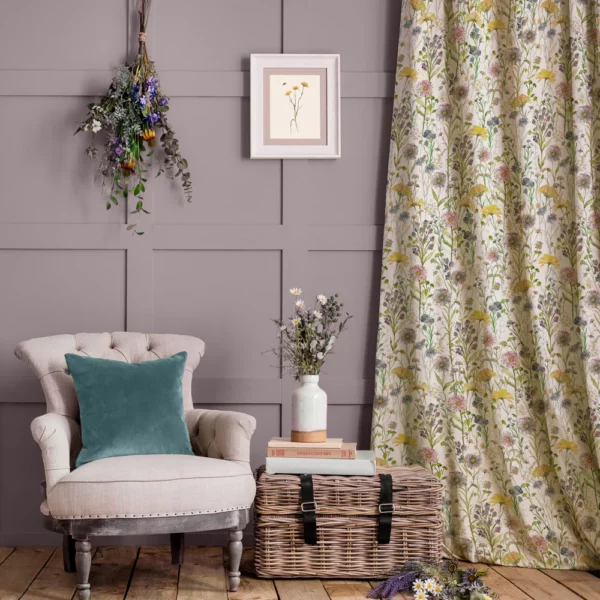 Medmerry Fabric - Linen by Cosy lounge with floral curtain fabric and rustic décor style