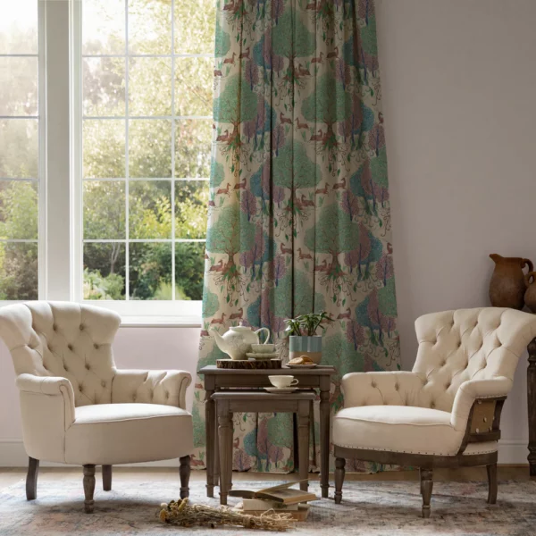 Willow Woods Fabric - Dawn by green floral printed fabric from Voyage Maison in a room 1