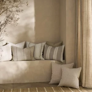 black-grey striped cushion with curtain