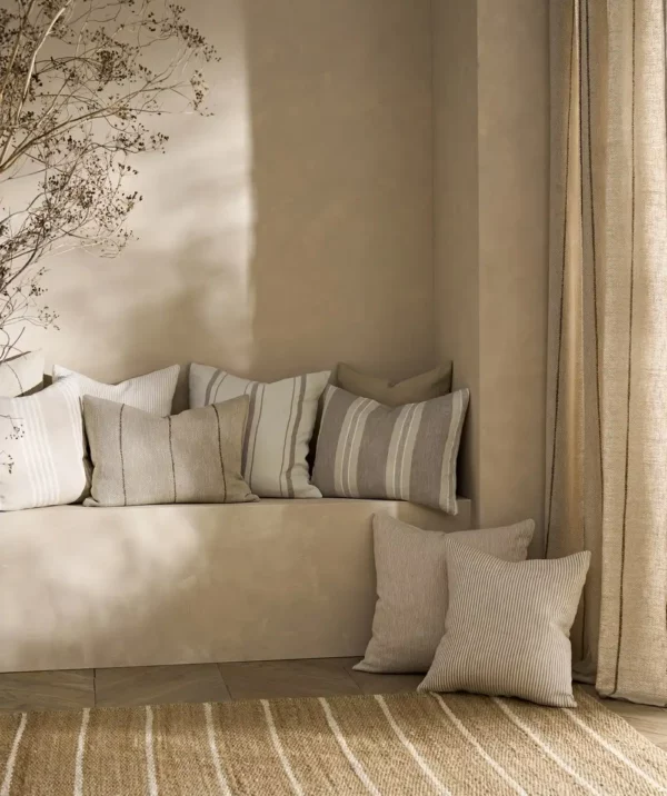 Thora Fabric - Flint by black-grey striped cushion with curtain