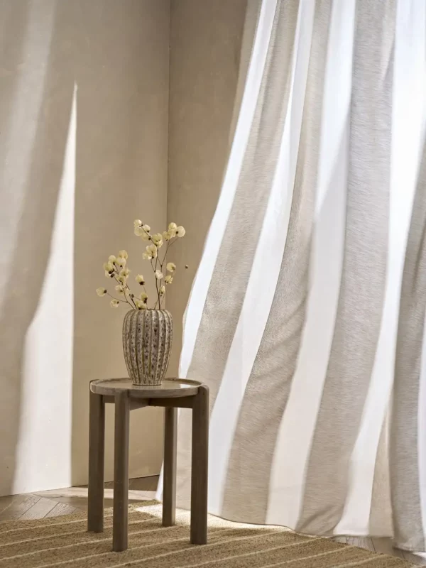 Elin Fabric - Dove by white striped curtain with side table