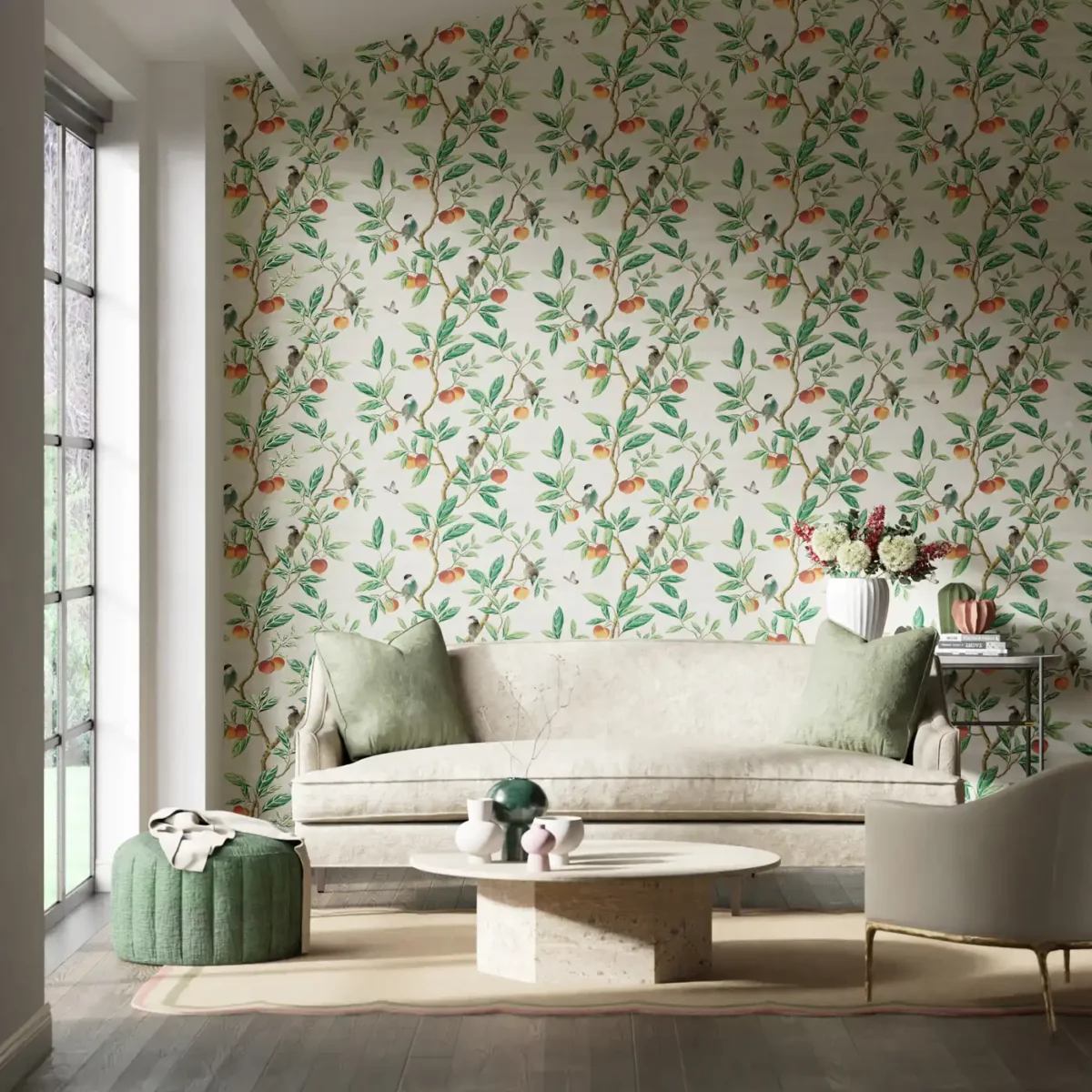 Ella Wallpaper - Sky / Fig Leaf / Nectarine from
