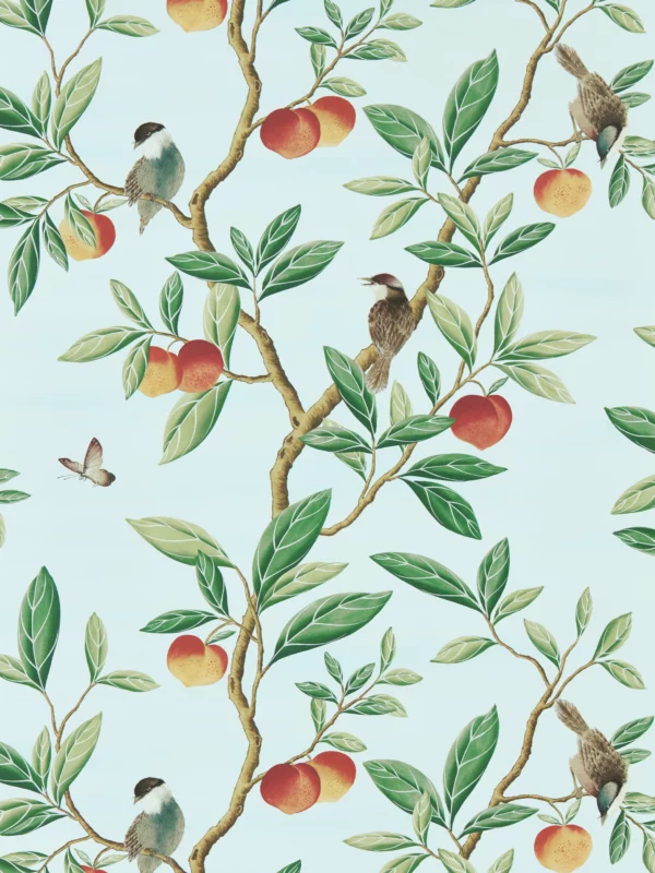 Ella Wallpaper - Sky / Fig Leaf / Nectarine by blue animal wallpaper from harlequin x diane hill
