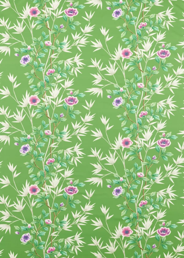 Lady Alford Fabric - Apple / Magenta by green botanical cotton fabric from Harlequin x Diane Hill