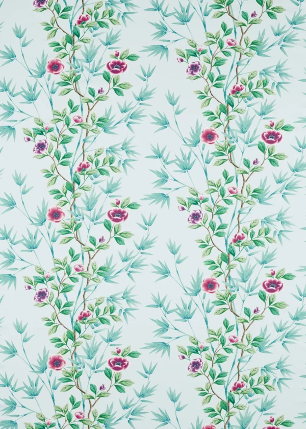 Lady Alford Fabric - Sky / Magenta by blue botanical cotton fabric from Harlequin x Diane Hill