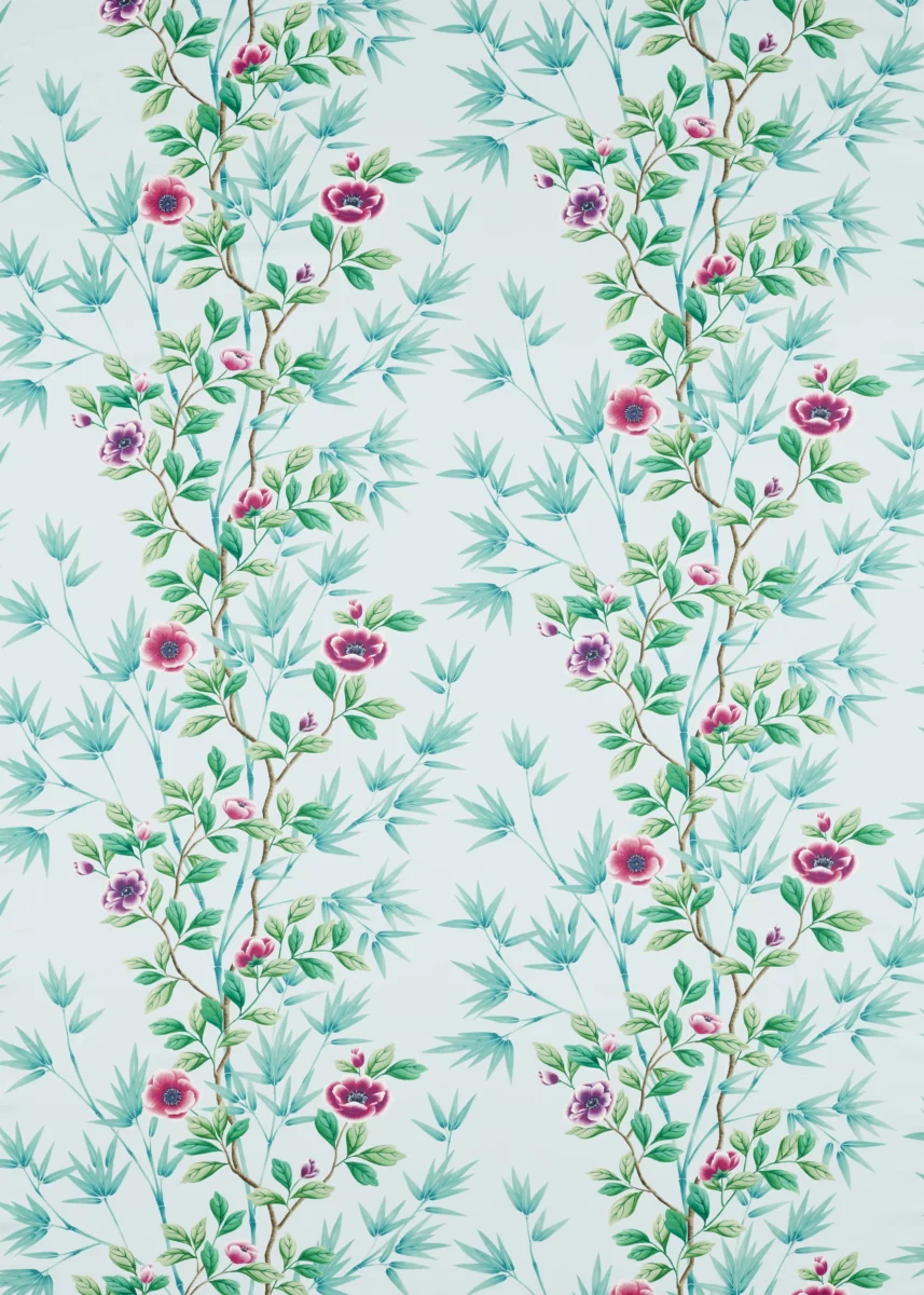 Lady Alford Fabric - Sky / Magenta by blue botanical cotton fabric from Harlequin x Diane Hill