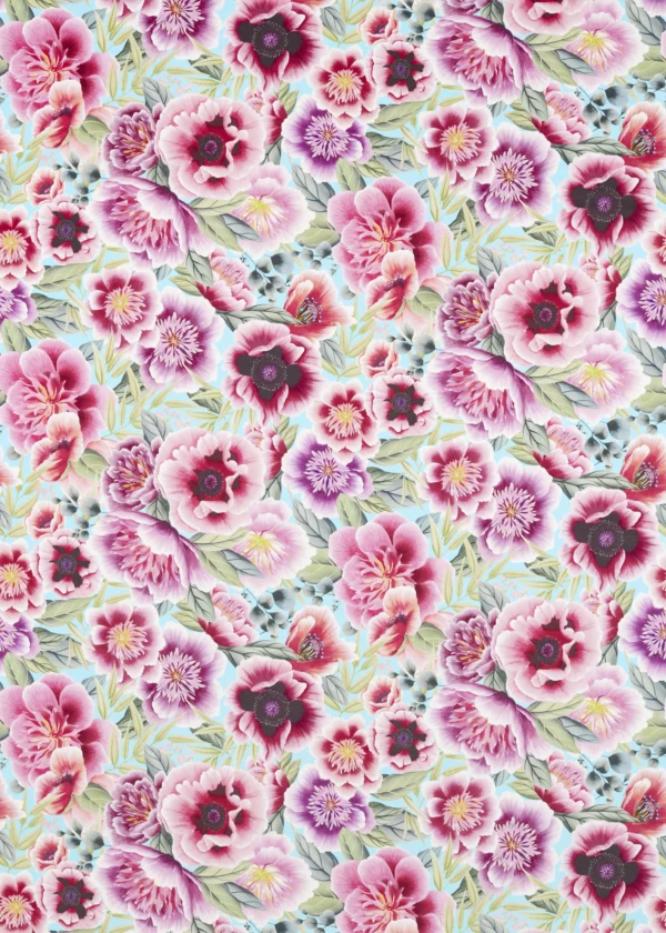 Marsha Fabric - Aqua / Peony / Magenta by multicolour botanical cotton fabric from Harlequin x Diane Hill