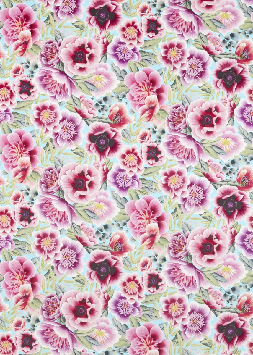 Marsha Fabric - Aqua / Peony / Magenta by multicolour botanical cotton fabric from Harlequin x Diane Hill