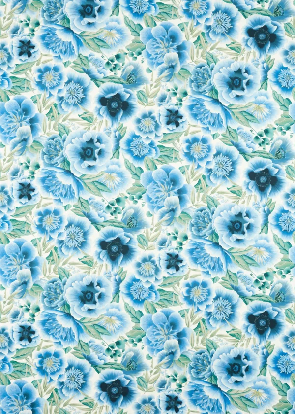 Marsha Fabric - Delft / Lagoon / Porcelain by blue botanical cotton fabric from Harlequin x Diane Hill