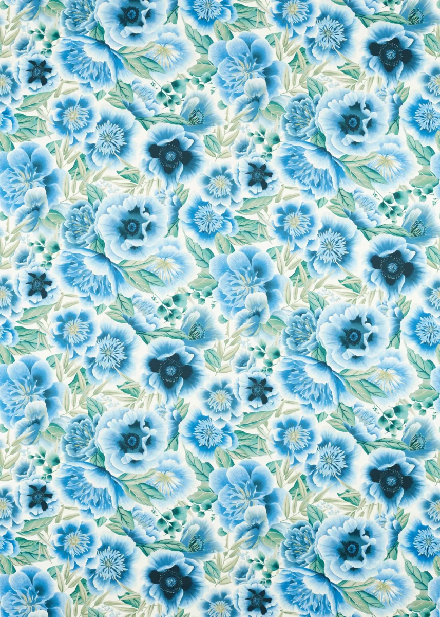 Marsha Fabric - Delft / Lagoon / Porcelain by blue botanical cotton fabric from Harlequin x Diane Hill