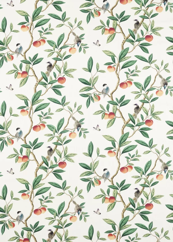 Ella Fabric - Fig Blossom / Fig Leaf / Nectarine by green botanical cotton fabric from Harlequin x Diane Hill